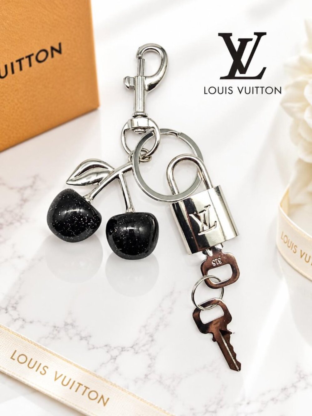 LV Silver Padlock 🔑 Authentic Louis Vuitton Charm + Unbranded Cherry Keychain
